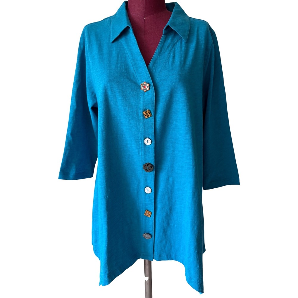 Soft Surroundings Tunic Danielle 3/4 Sleeve NWOT Button Front Teal Blue Large - Picture 2 of 10